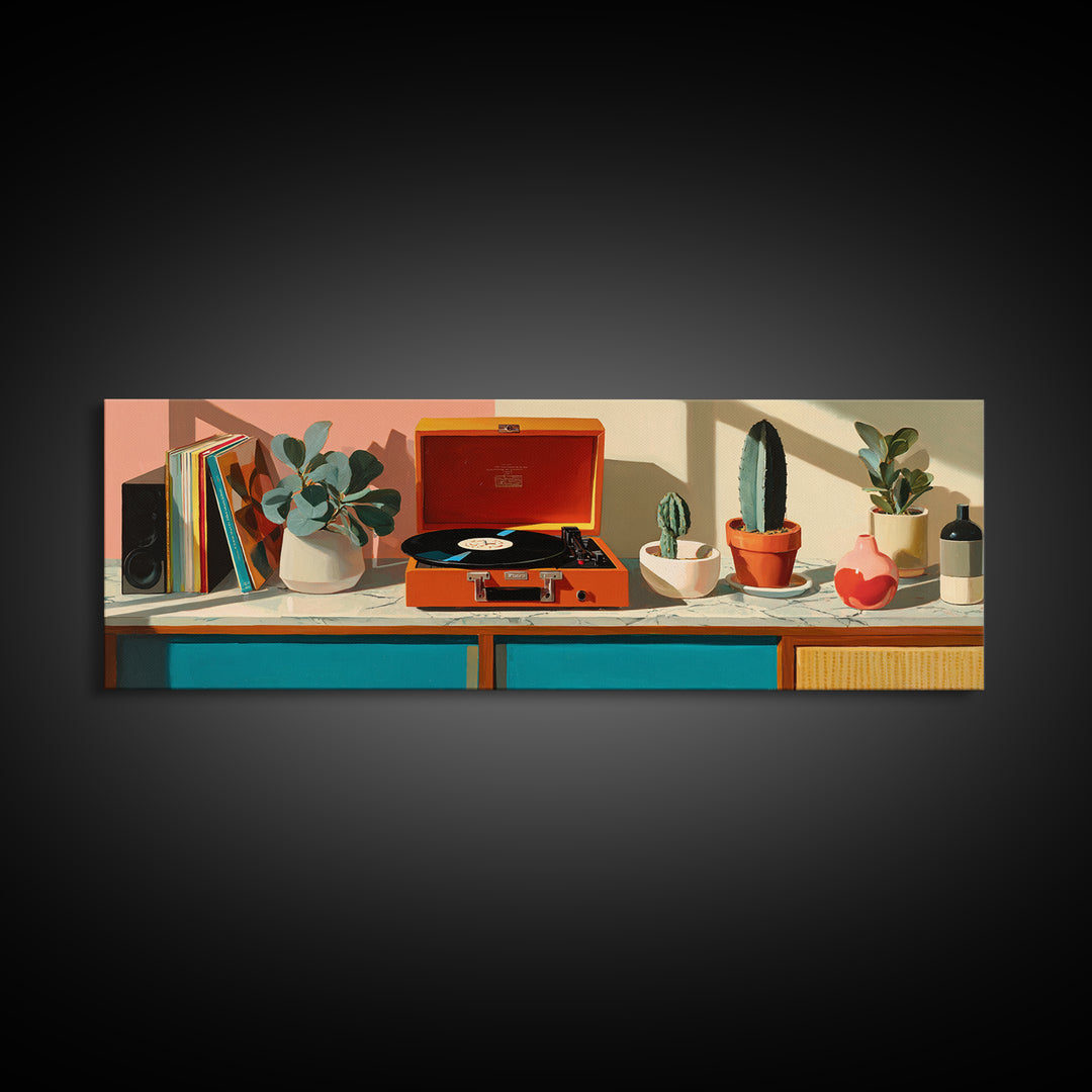 Orange Portable Record Player Wall Art, Mid Century Modern Shelf Decor, Cactus Vinyl Print, Retro Music Room Home Decor Poster