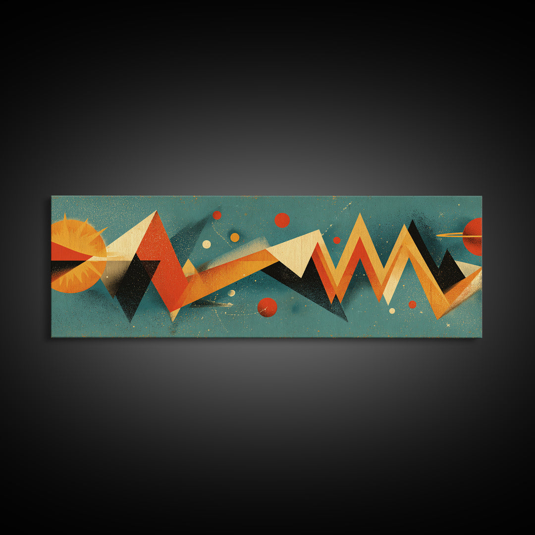 Atomic Sun Zigzag Abstract Wall Art, Mid Century Modern Geometric Print, Orange Teal Retro Decor, Bauhaus Inspired Poster