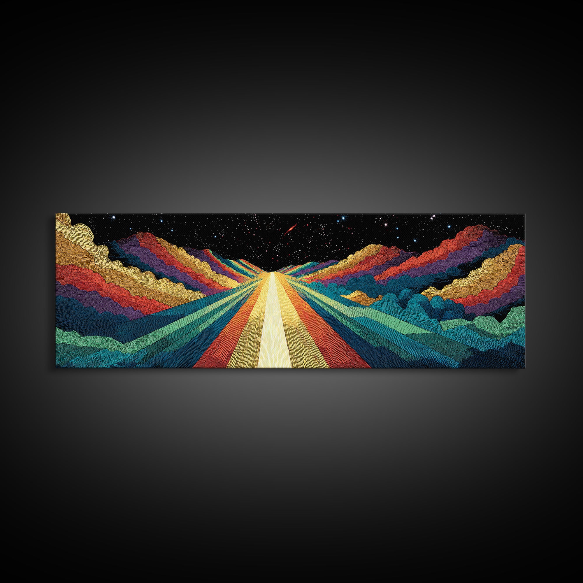 Cosmic Rainbow Mountain Road Canvas Print, Mid Century Modern Space Landscape Art, Retro Sci Fi Wall Decor, Colorful Poster