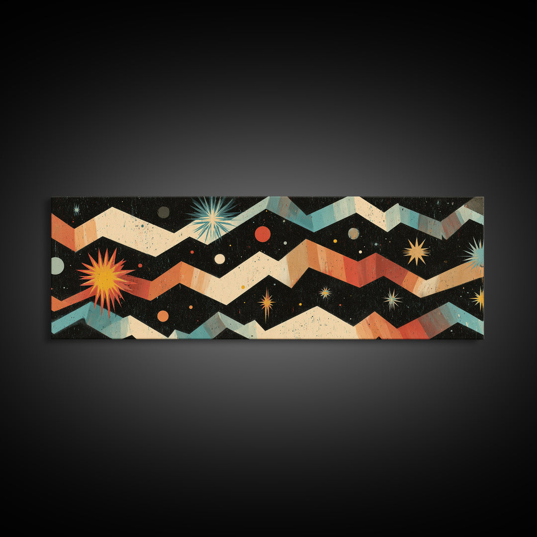 Starry Zigzag Space Abstract Canvas Print, Mid Century Modern Atomic Art, Retro Geometric Wall Decor, Colorful Cosmic Poster
