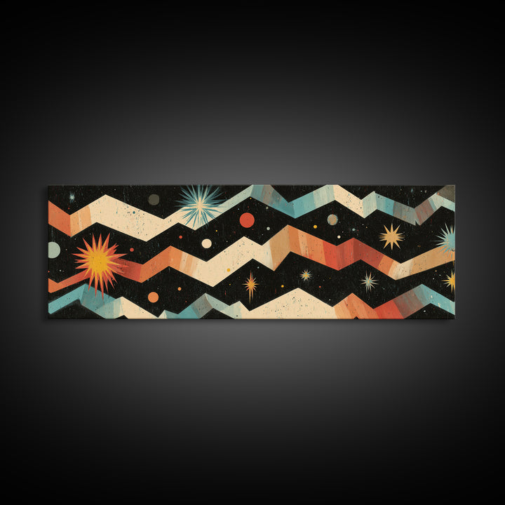 Starry Zigzag Space Abstract Canvas Print, Mid Century Modern Atomic Art, Retro Geometric Wall Decor, Colorful Cosmic Poster