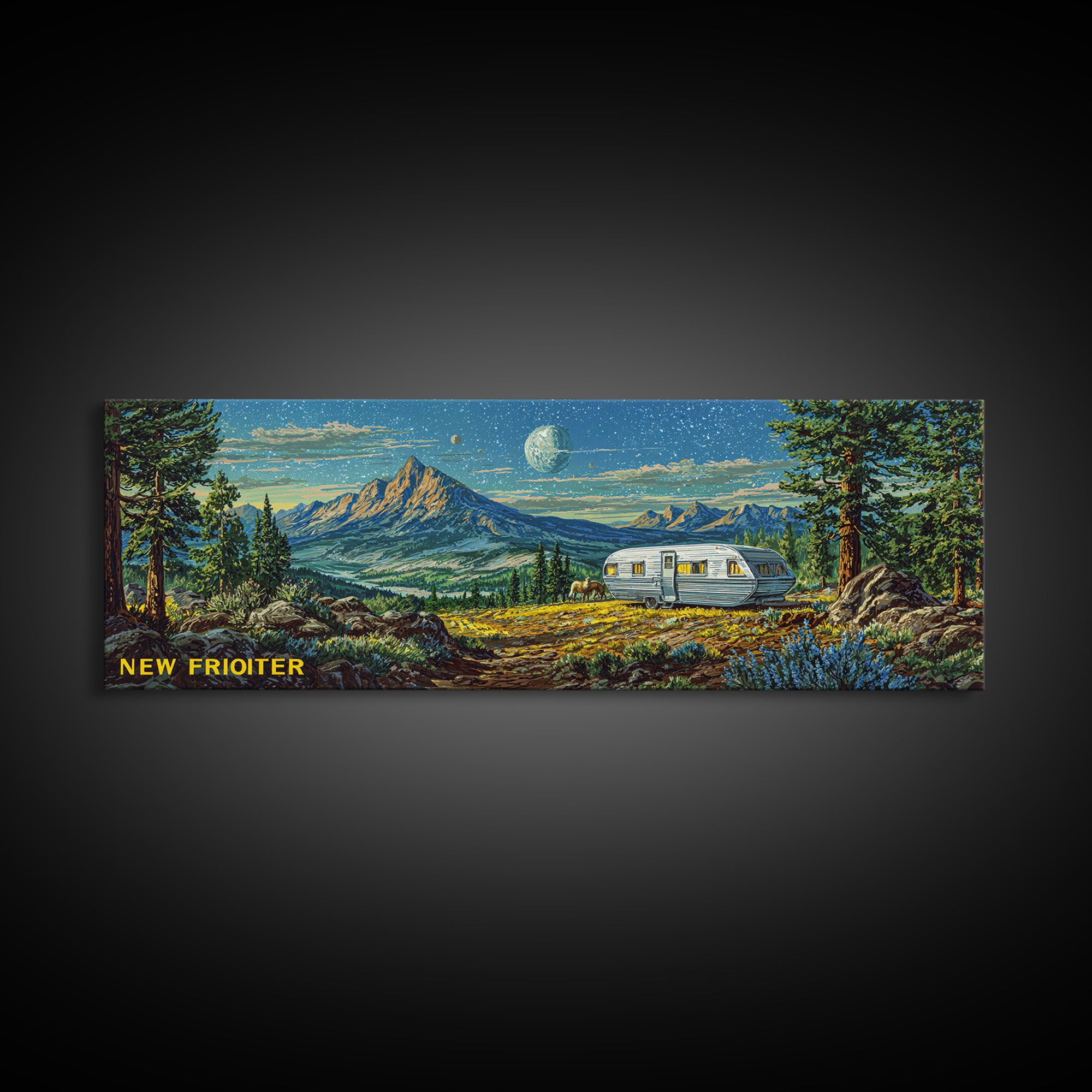 New Frontier Camper Mountain Canvas Print, Retro Travel Wall Art, Midcentury Modern Landscape Poster, Rustic Cabin Decor Gift