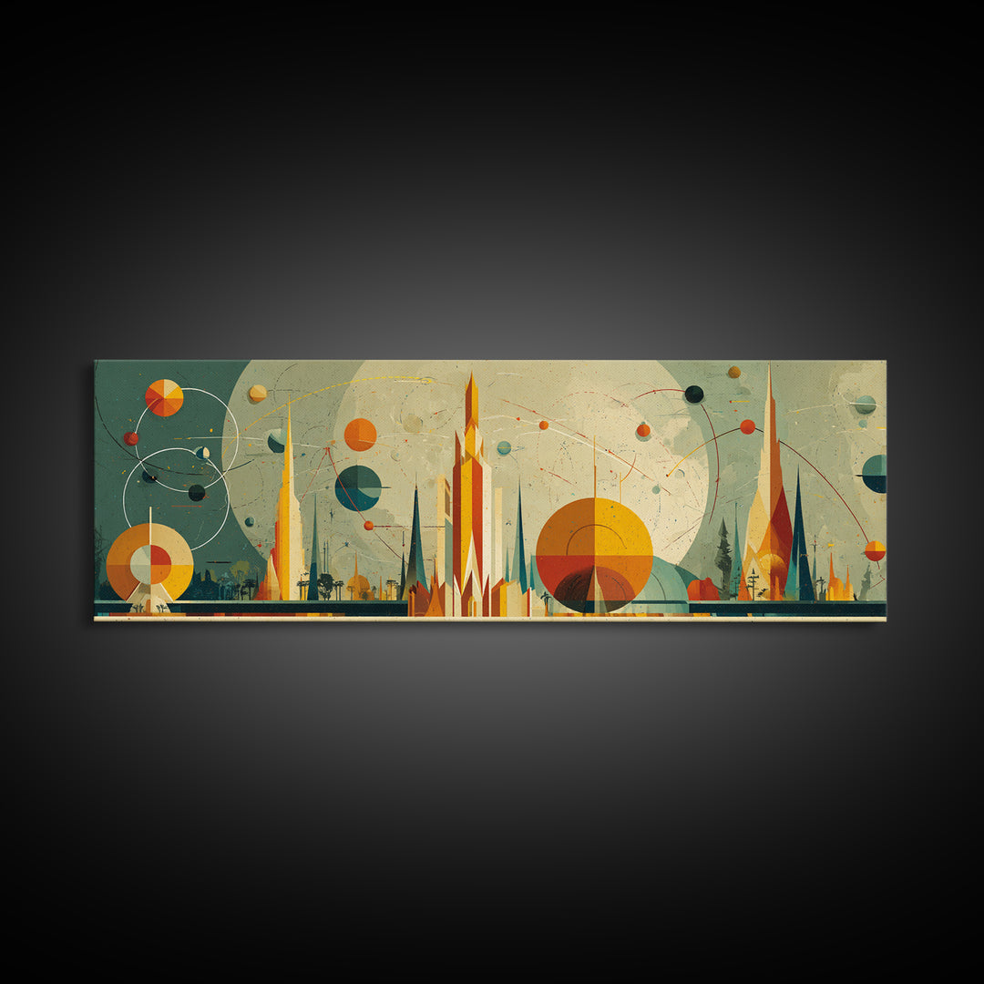 Atomic Future City Skyline Wall Art, Midcentury Modern Abstract Print, Retro Space Age Decor, Orange Blue Geometric Poster