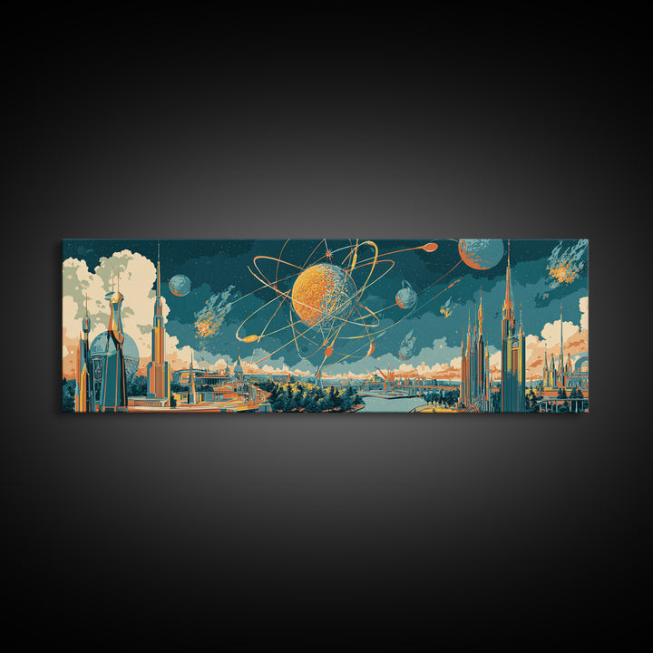 Retro Futuristic Space City Canvas Print, Atomic Planet Wall Art, Midcentury Modern Skyline Poster, Sci Fi Office Decor Gift