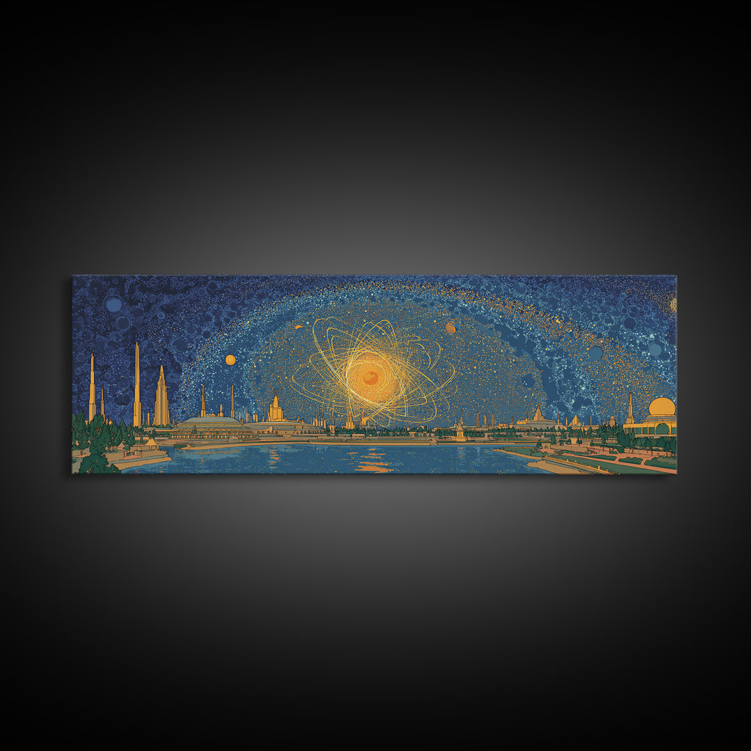 Golden Cosmic Skyline Wall Art, Midcentury Modern Abstract Print, Retro Space Age Poster, Blue Orange Living Room Home Decor