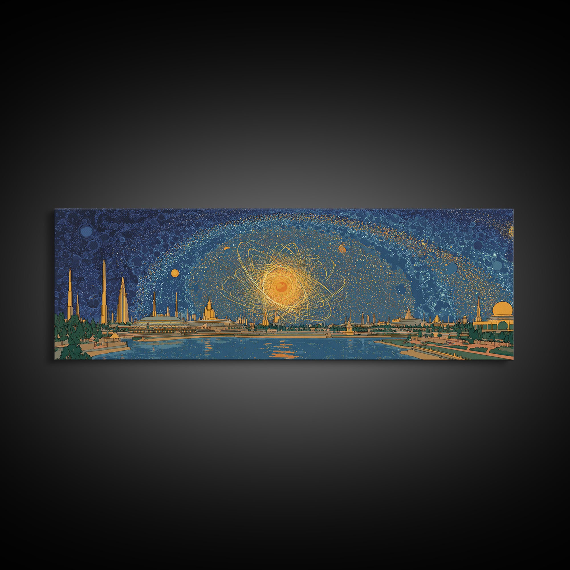 Golden Cosmic Skyline Wall Art, Midcentury Modern Abstract Print, Retro Space Age Poster, Blue Orange Living Room Home Decor