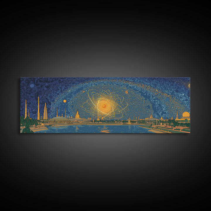 Golden Cosmic Skyline Wall Art, Midcentury Modern Abstract Print, Retro Space Age Poster, Blue Orange Living Room Home Decor
