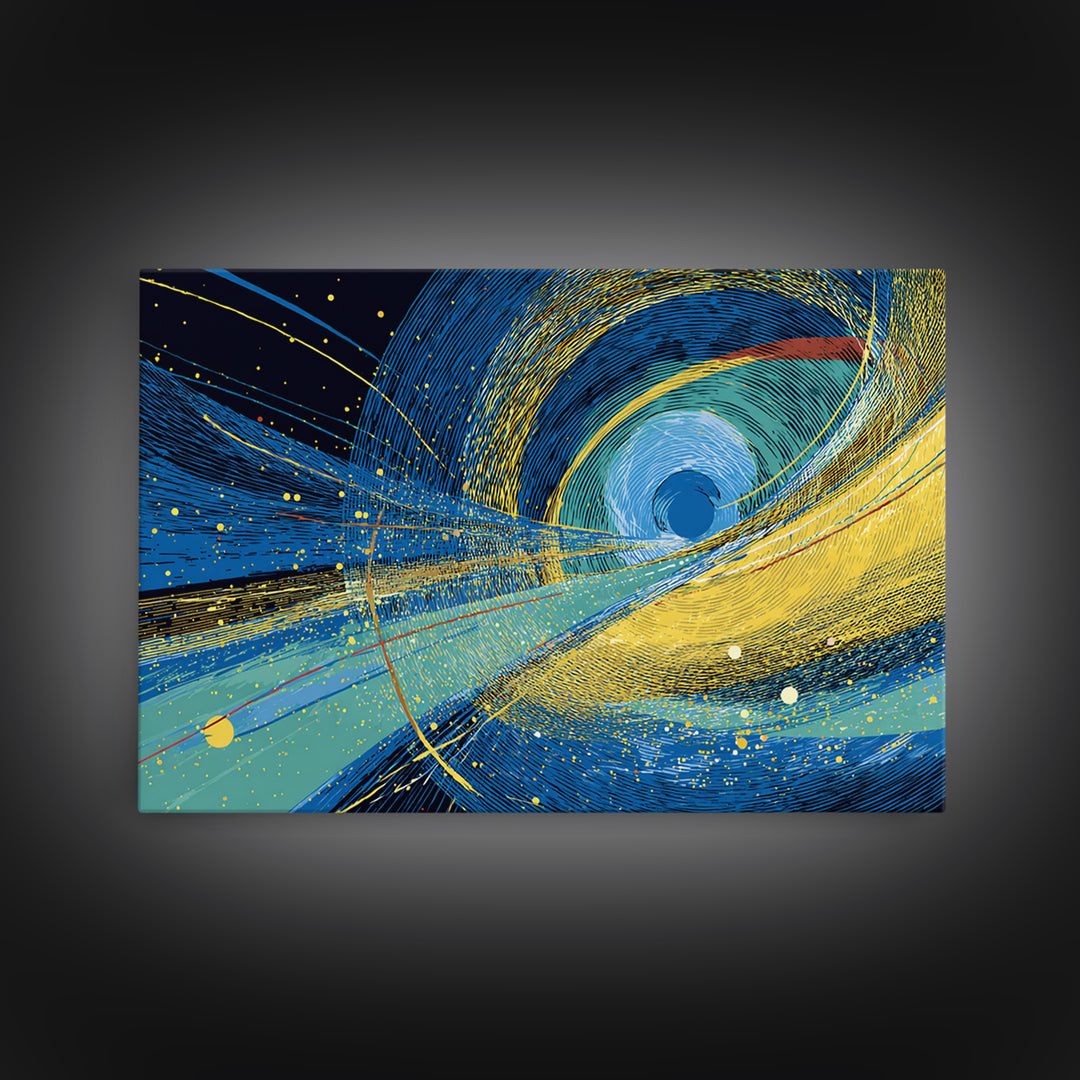 Blue Yellow Cosmic Vortex Abstract Wall Art, Modern Geometric Space Print, Midcentury Decor, Large Canvas Print, Living Room Decor