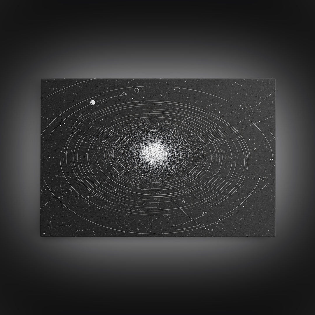 Black White Orbiting Galaxy Starfield Canvas Print, Modern Abstract Wall Art, Space Retro Geometric Poster, Cosmic Home Decor
