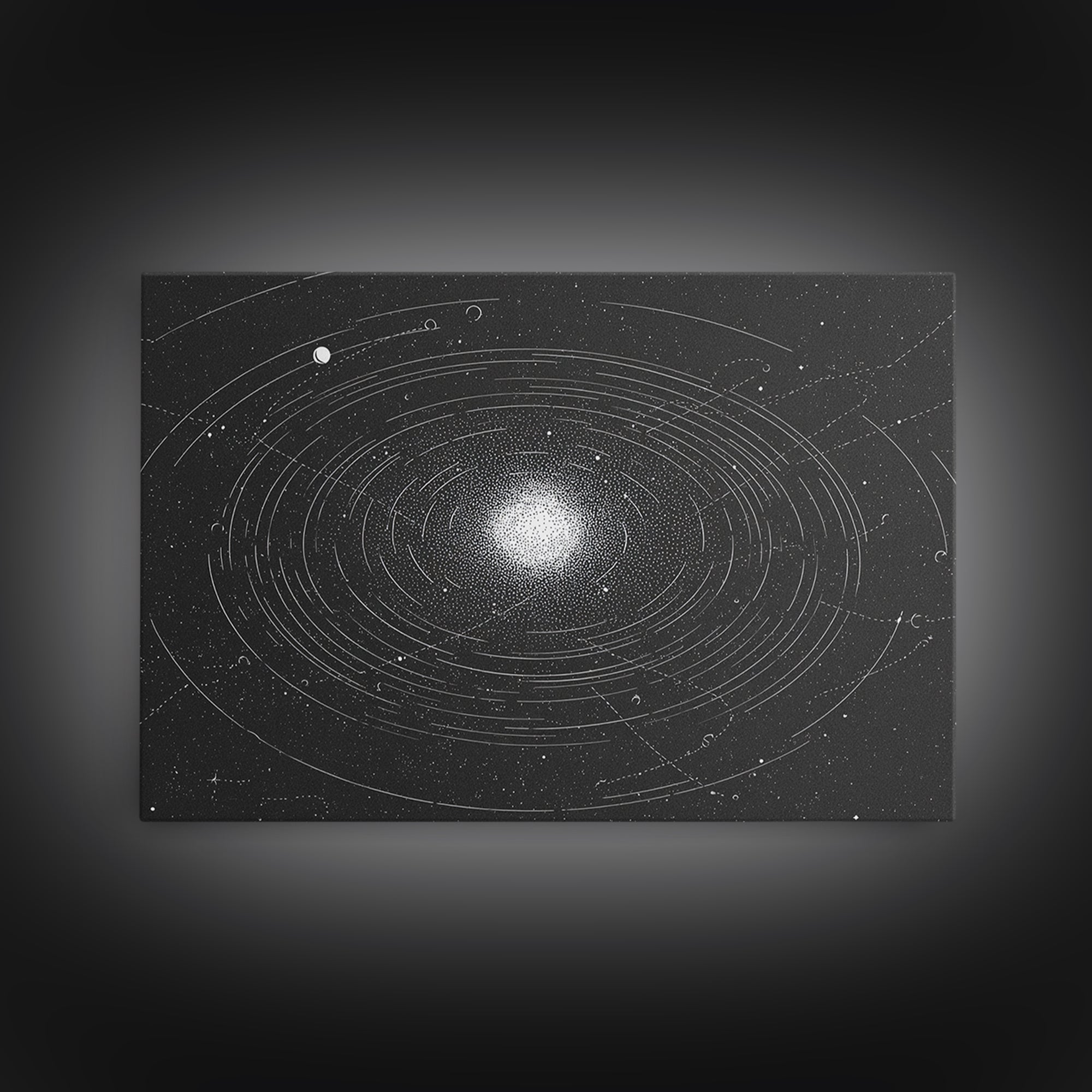 Black White Orbiting Galaxy Starfield Canvas Print, Modern Abstract Wall Art, Space Retro Geometric Poster, Cosmic Home Decor