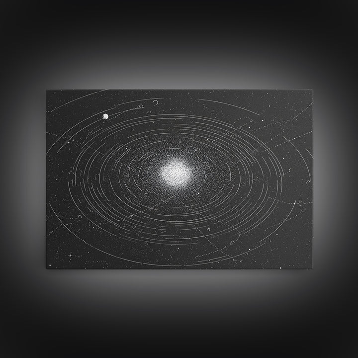 Black White Orbiting Galaxy Starfield Canvas Print, Modern Abstract Wall Art, Space Retro Geometric Poster, Cosmic Home Decor