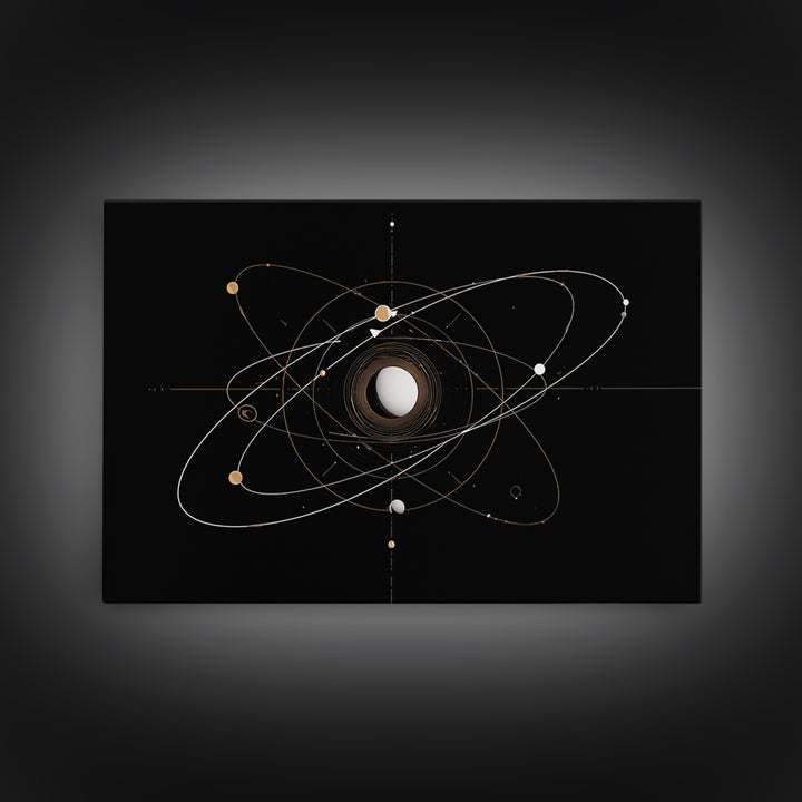 Gold Atomic Orbit Diagram Wall Art, Midcentury Modern Space Abstract Art, Geometric Black Home Wall Decor, MCM Canvas Print
