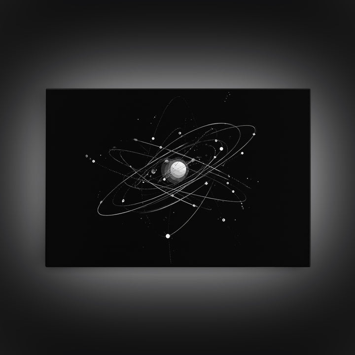 Silver Atomic Orbit Lines Wall Art, Modern Abstract Space Poster, Black And White Geometric Decor, Midcentury Canvas Print