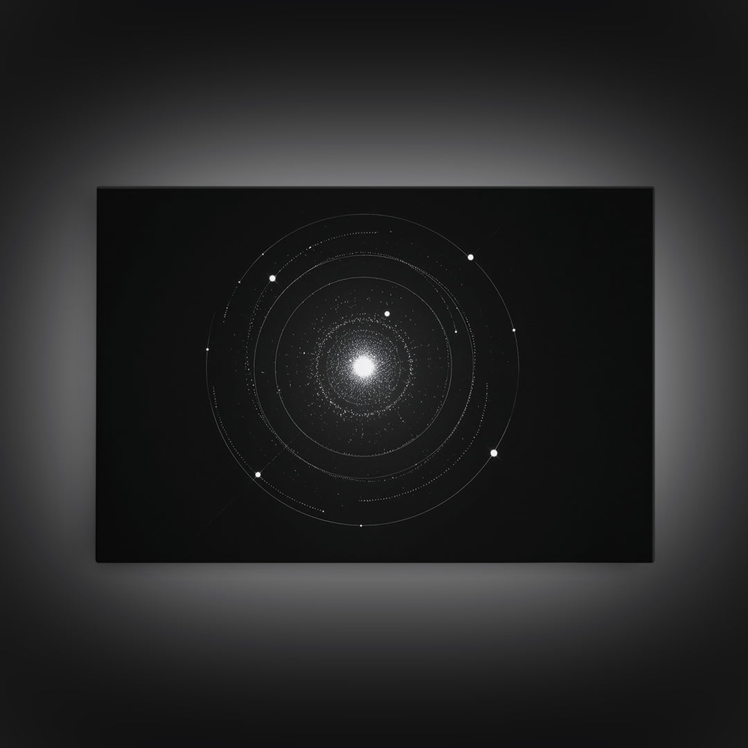 Minimal Solar System Orbit Wall Art, Black And White Space Abstract Art, Modern Geometric Poster Decor, Framed Canvas Print