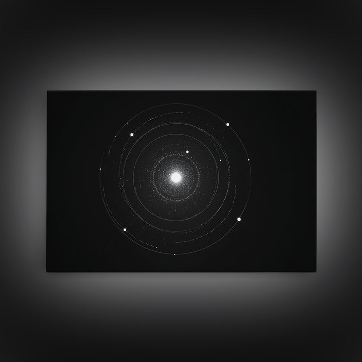Minimal Solar System Orbit Wall Art, Black And White Space Abstract Art, Modern Geometric Poster Decor, Framed Canvas Print