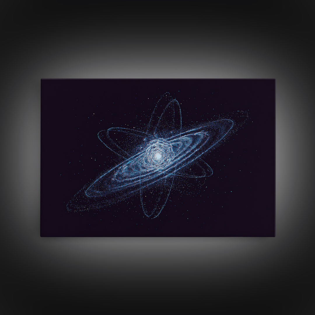 Blue Particle Galaxy Orbit Wall Art, Cosmic Retro Art, Space Abstract Art Print, Modern Geometric Home Decor, Canvas Print