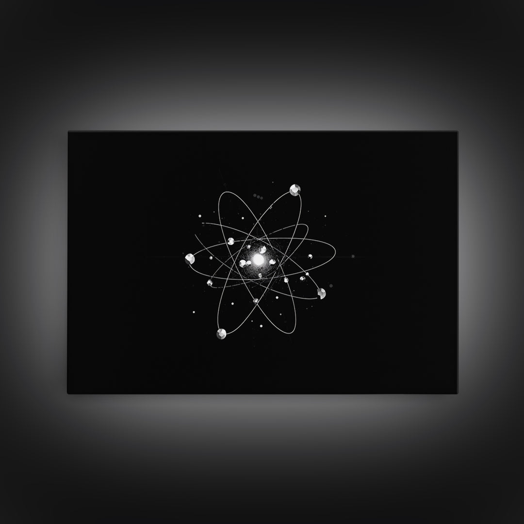Bright Atomic Nucleus Orbit Wall Art, Black And White Modern Art Print, Geometric Space Decor Poster, Midcentury Canvas Print