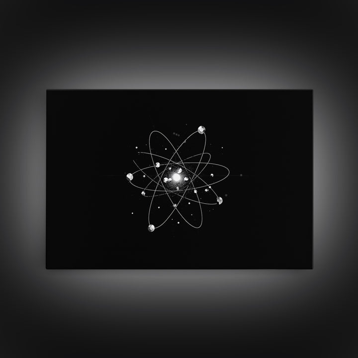 Bright Atomic Nucleus Orbit Wall Art, Black And White Modern Art Print, Geometric Space Decor Poster, Midcentury Canvas Print