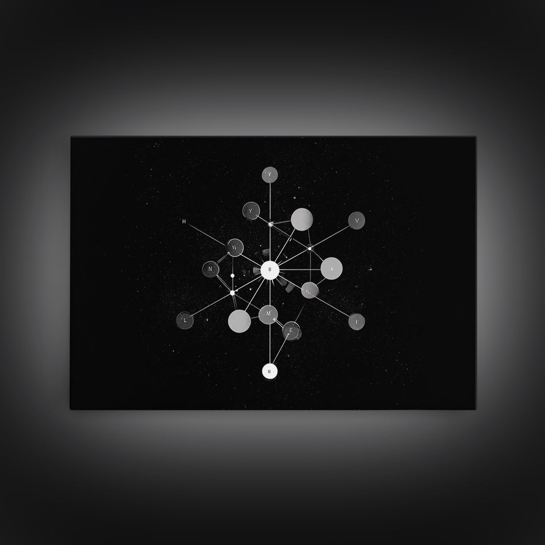 Scientific Molecular Network Wall Art, Black And White Modern Abstract Art, Geometric Science Decor, Framed Canvas Print