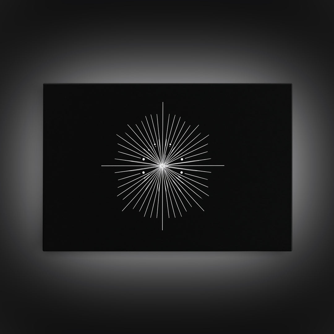 Radial Atomic Star Compass Wall Art, Black And White Midcentury Art Print, Minimalist Geometric Modern Decor, Canvas Print