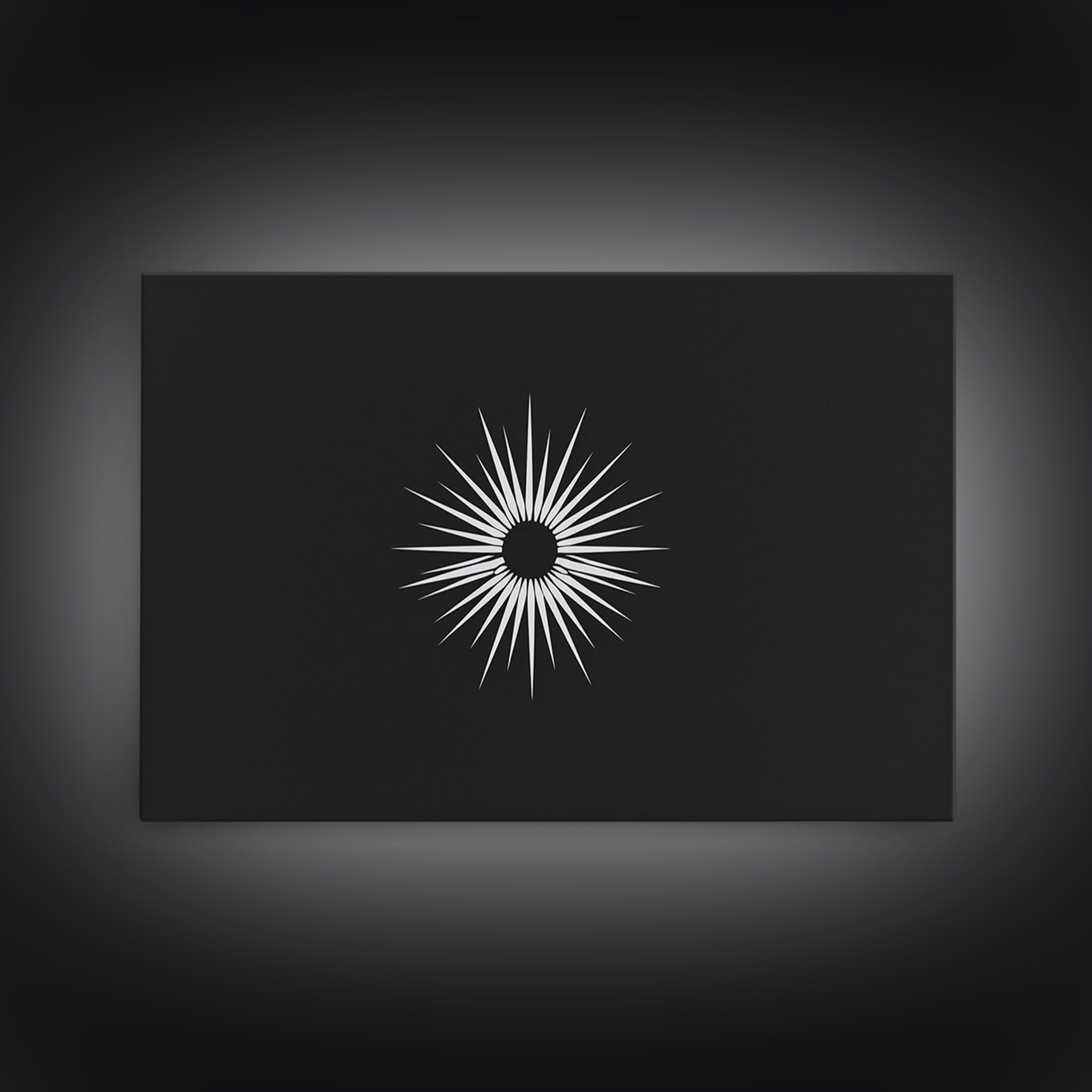 White Sunburst Eclipse Wall Art, Minimalist Black Modern Art Print, Midcentury Atomic Geometric Decor, Framed Canvas Print