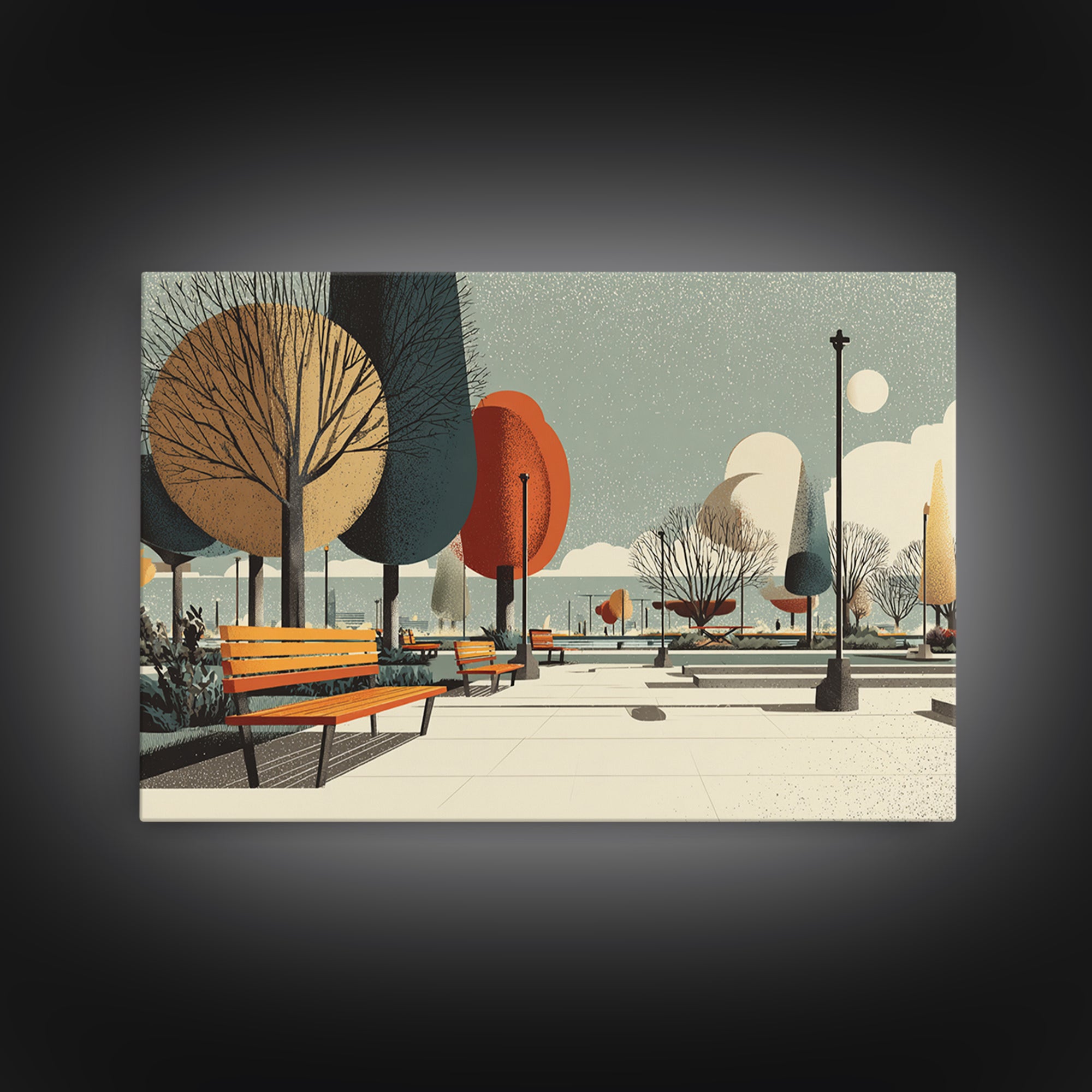 Autumn Lakeside Park Wall Art, Midcentury Modern Print, Scenic City Landscape Poster, Retro Bench Living Room Decor, Office Wall Decor