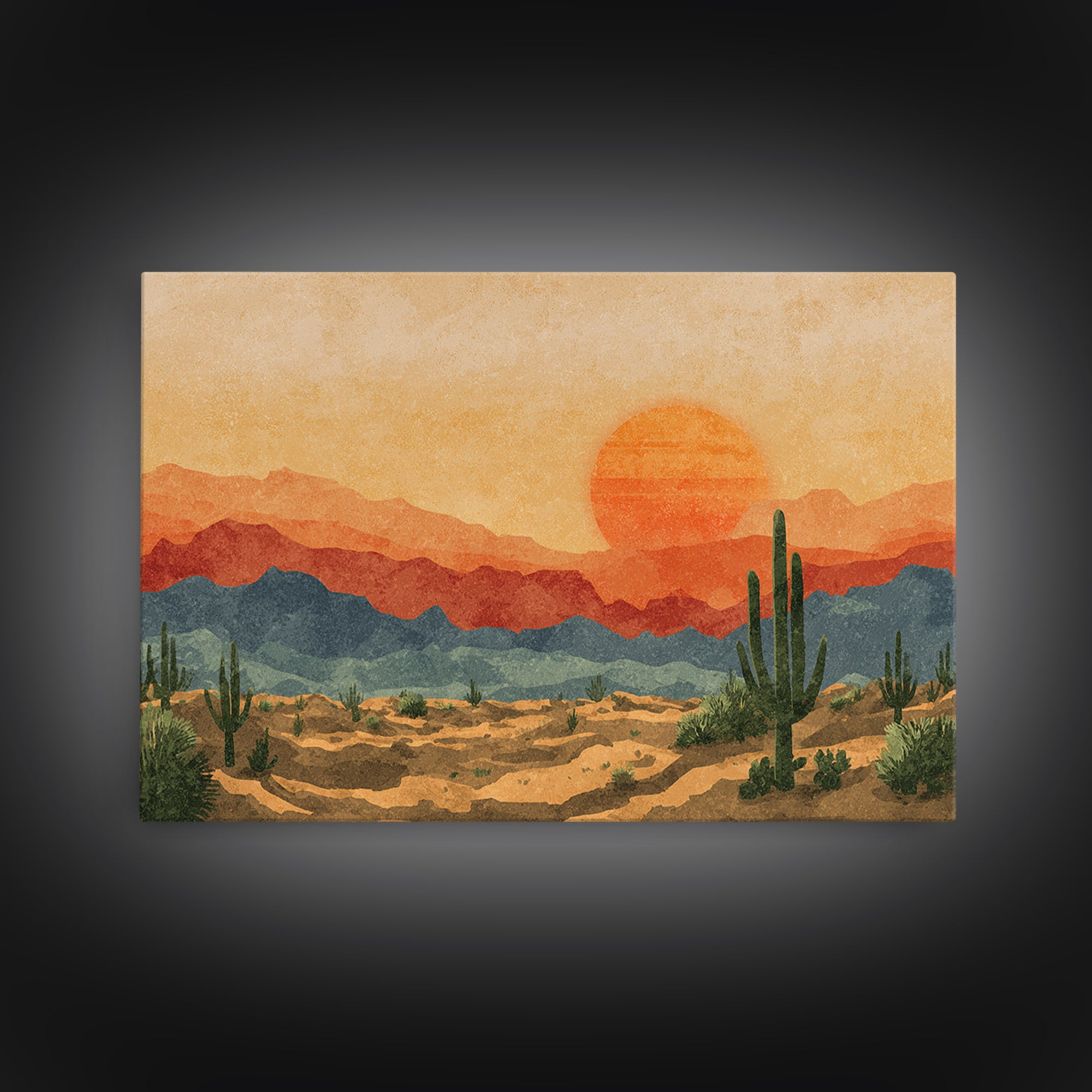 Textured Desert Mountains Wall Art, Orange Sunset Cactus Print, Midcentury Modern Landscape, Southwestern Living Room Decor