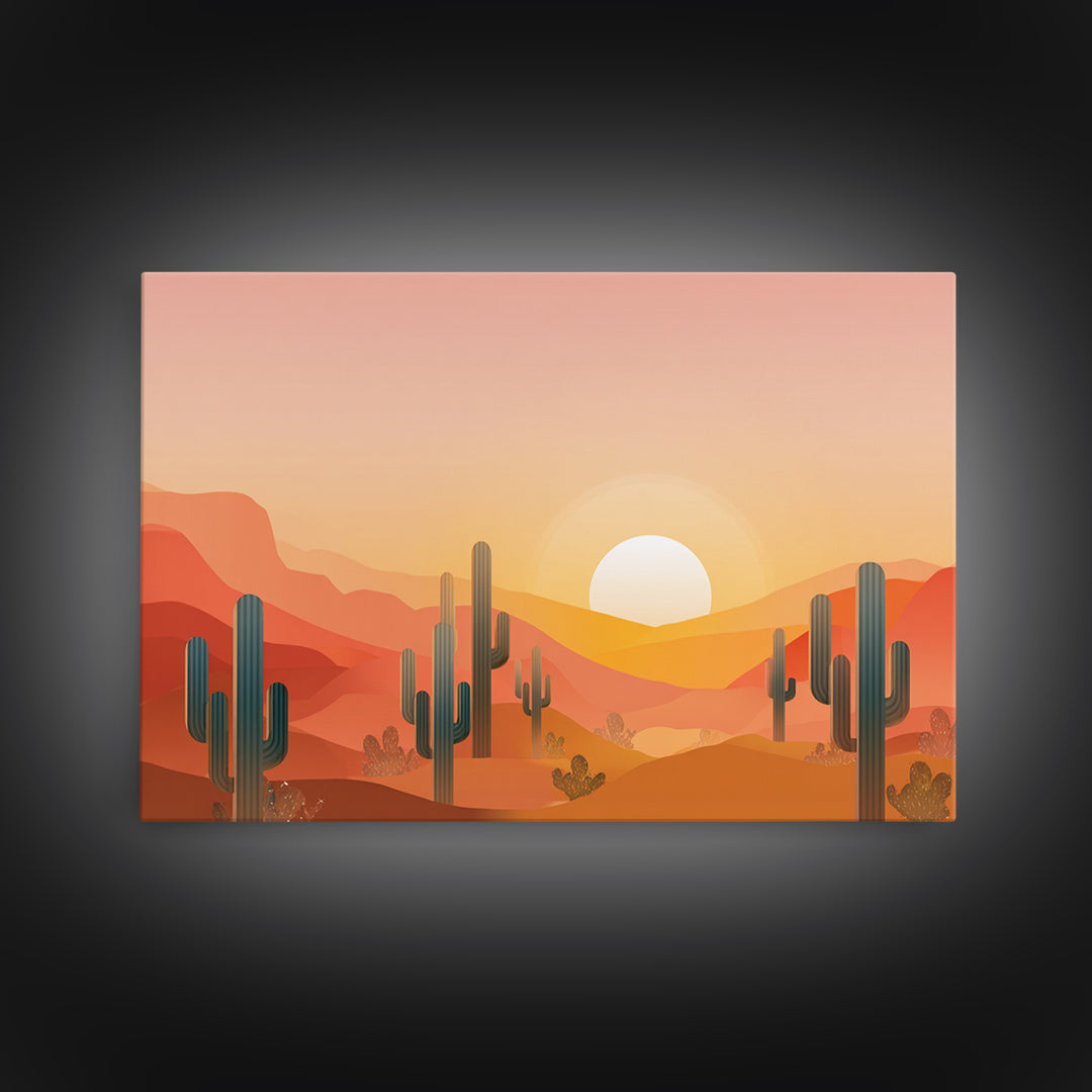 Golden Saguaro Desert Sunset Canvas Print, Midcentury Modern Wall Art, Warm Orange Southwestern Poster, Boho Home Decor, MCM Decor