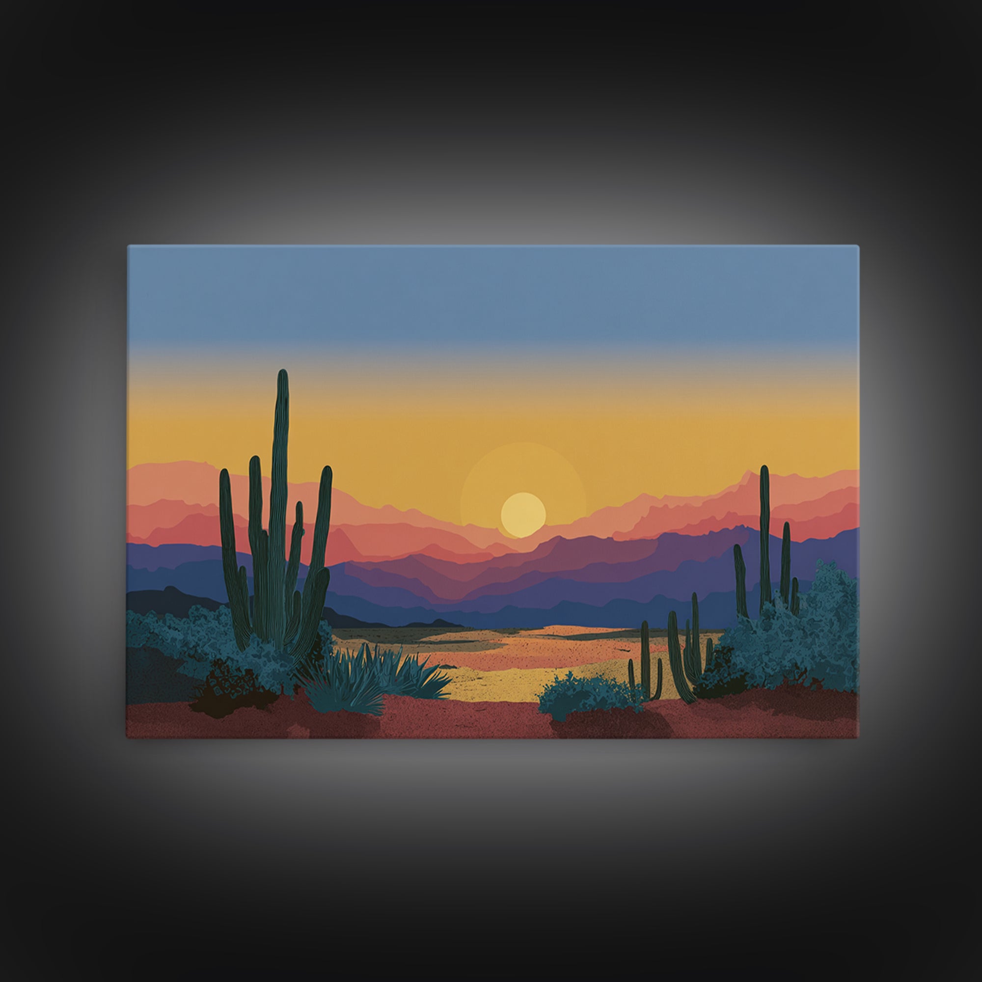 Blue Gold Desert Sunset Wall Art, Saguaro Cactus Landscape Print, Midcentury Modern Art Poster, Southwestern Home Decor, MCM Decor