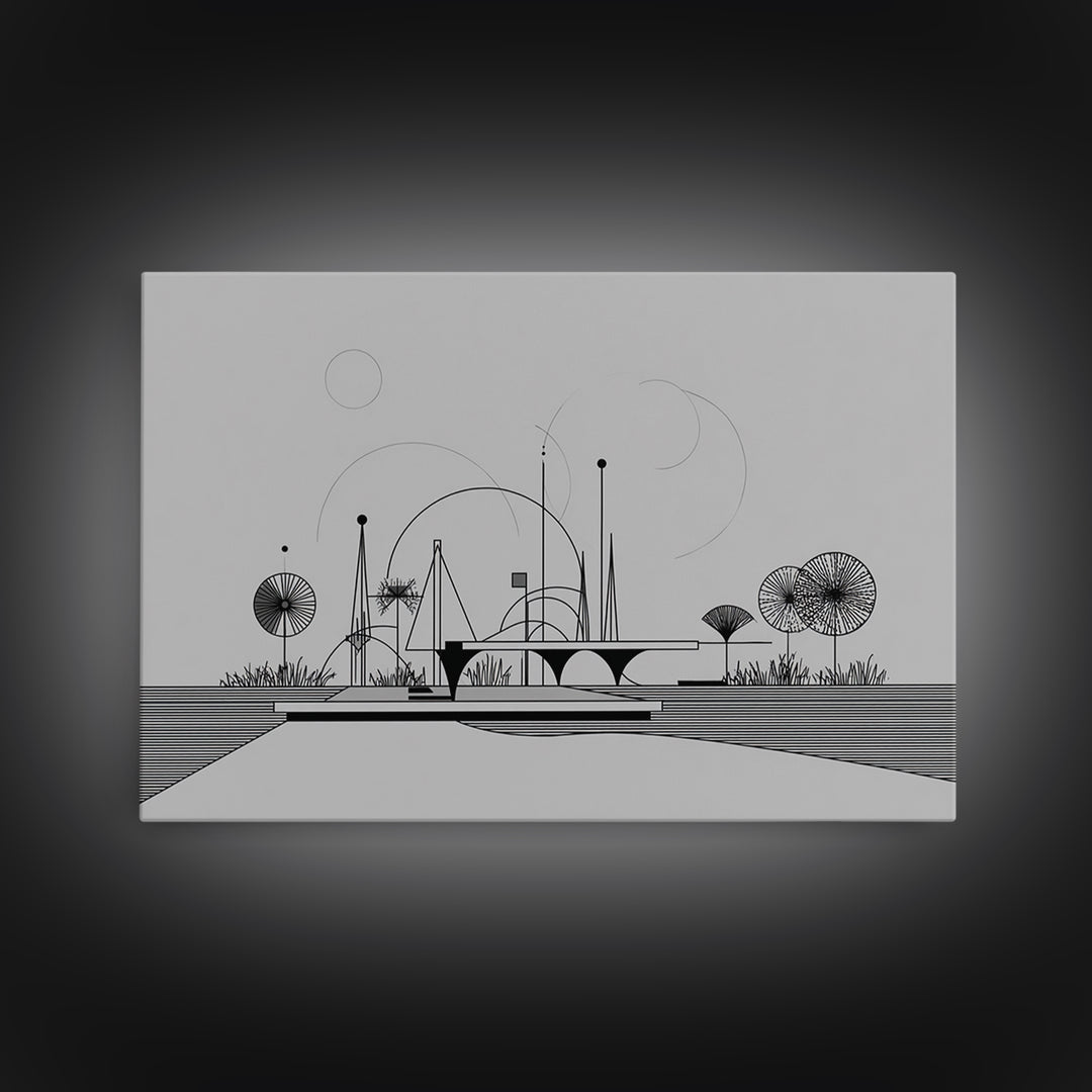 Black White Architectural Line Wall Art, Midcentury Modern Abstract Print, Atomic Ranch Landscape, Minimalist Home Decor
