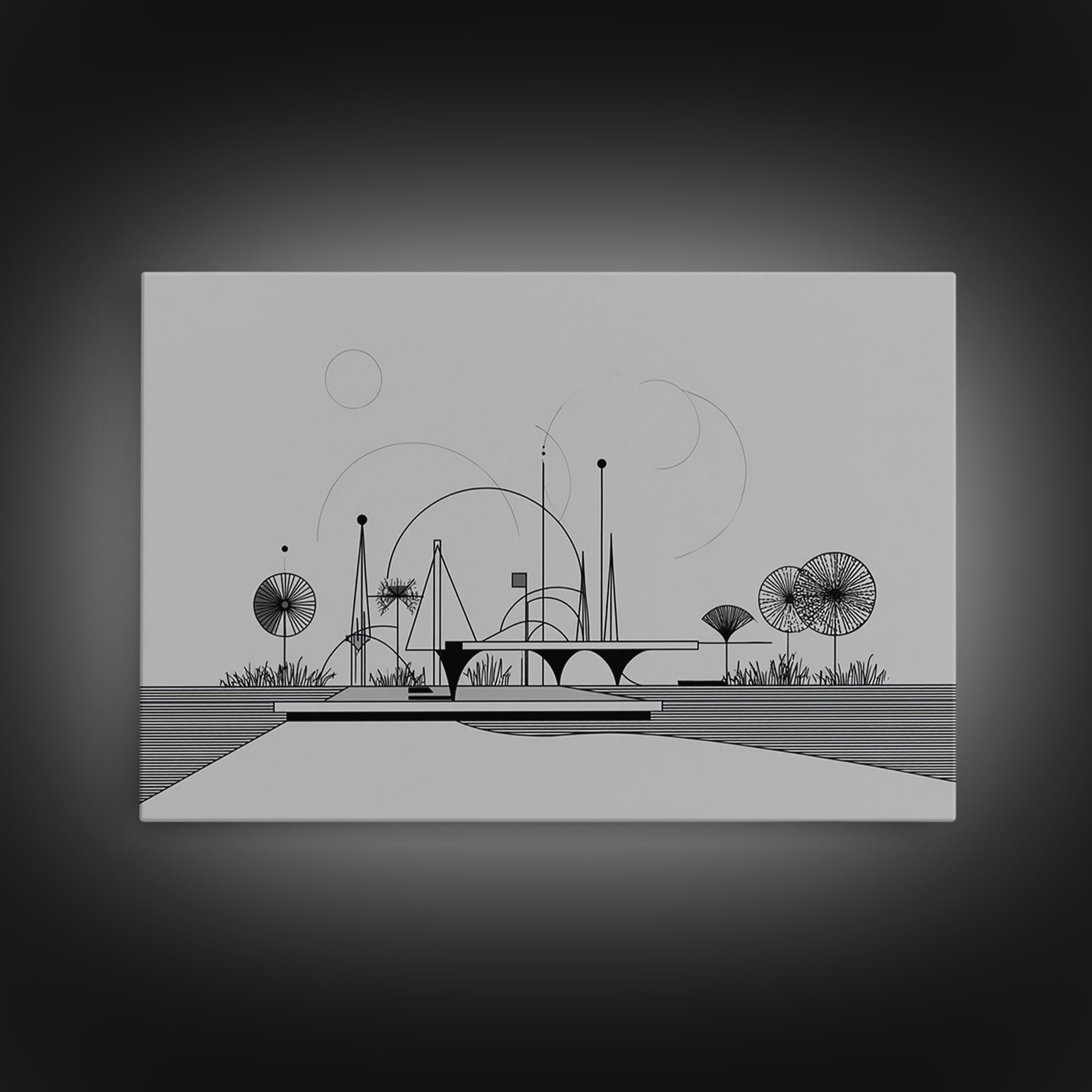 Black White Architectural Line Wall Art, Midcentury Modern Abstract Print, Atomic Ranch Landscape, Minimalist Home Decor