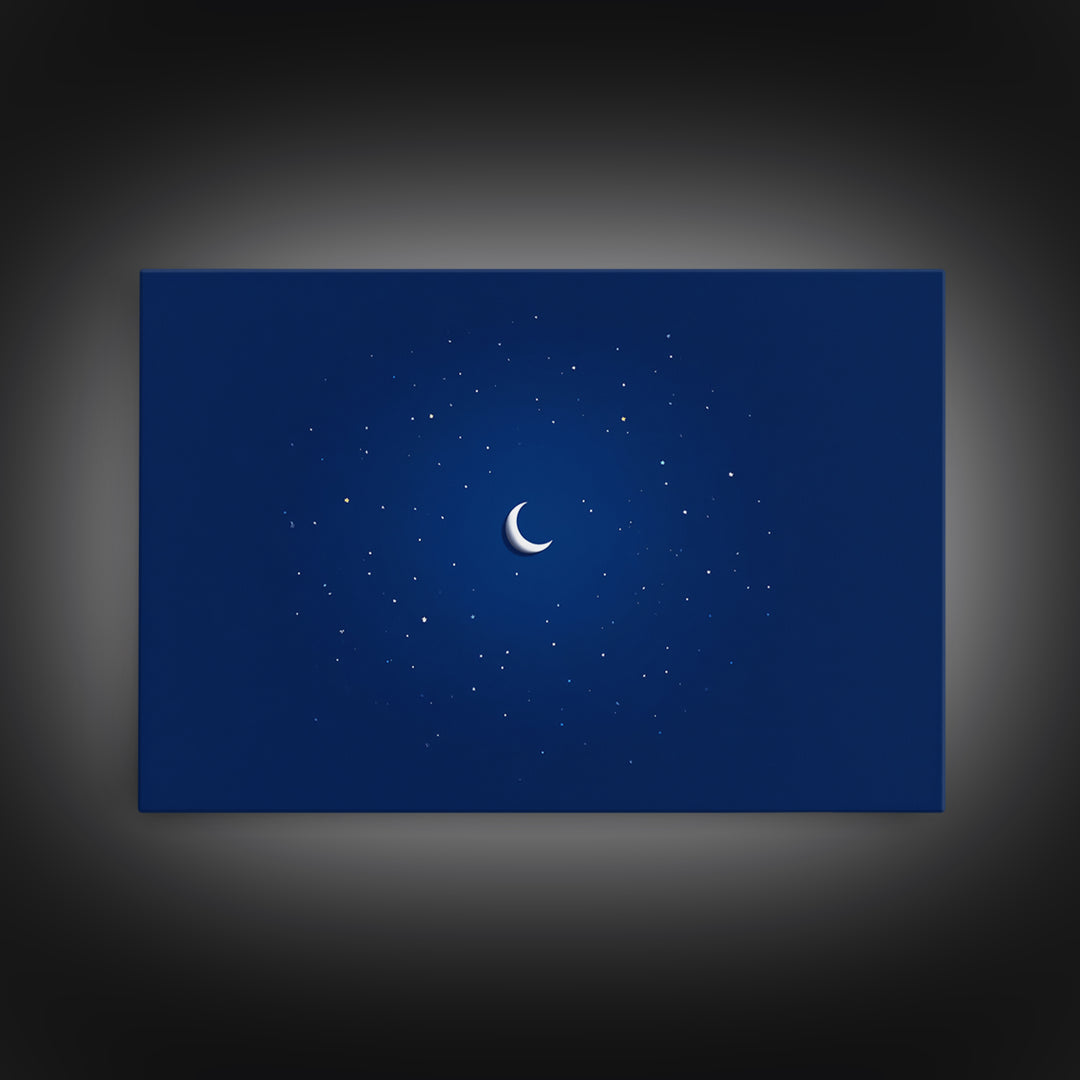 Minimal Crescent Moon Stars Wall Art, Deep Blue Night Sky Print, Modern Celestial Poster, Nursery Bedroom Wall Decor, Kids Room Decor