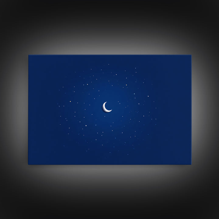 Minimal Crescent Moon Stars Wall Art, Deep Blue Night Sky Print, Modern Celestial Poster, Nursery Bedroom Wall Decor, Kids Room Decor
