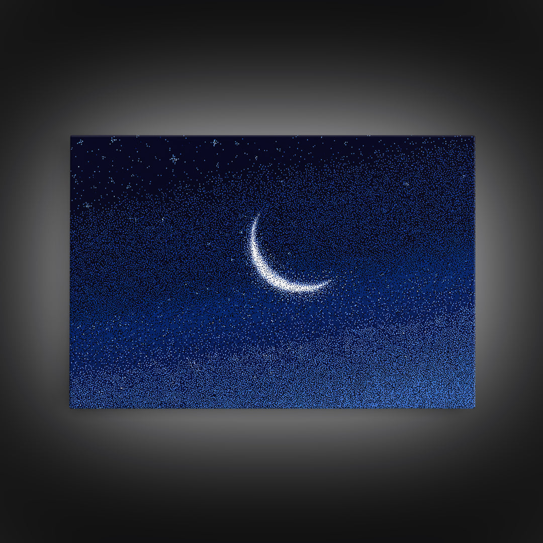 Glowing Crescent Moon Starry Sky Canvas Print, Blue Celestial Wall Art, Modern Night Poster, Minimalist Bedroom Decor, Nursery Decor