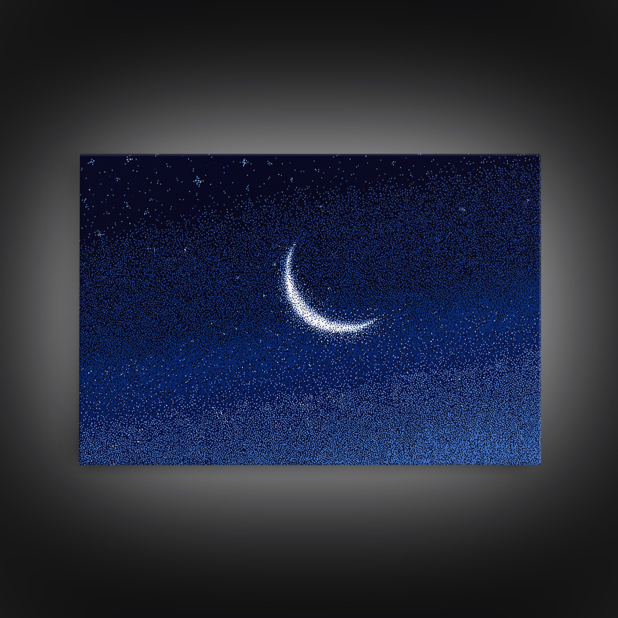 Glowing Crescent Moon Starry Sky Canvas Print, Blue Celestial Wall Art, Modern Night Poster, Minimalist Bedroom Decor, Nursery Decor