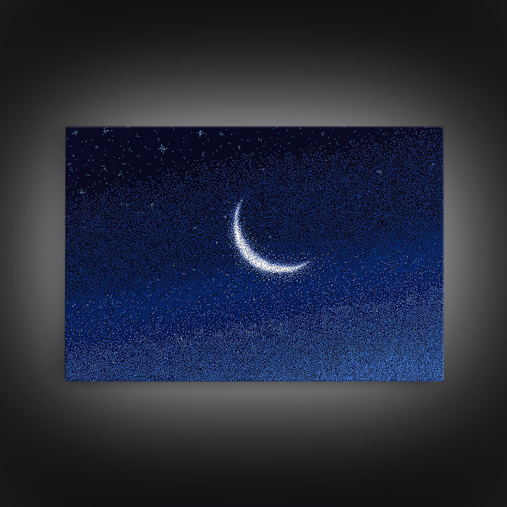 Glowing Crescent Moon Starry Sky Canvas Print, Blue Celestial Wall Art, Modern Night Poster, Minimalist Bedroom Decor, Nursery Decor