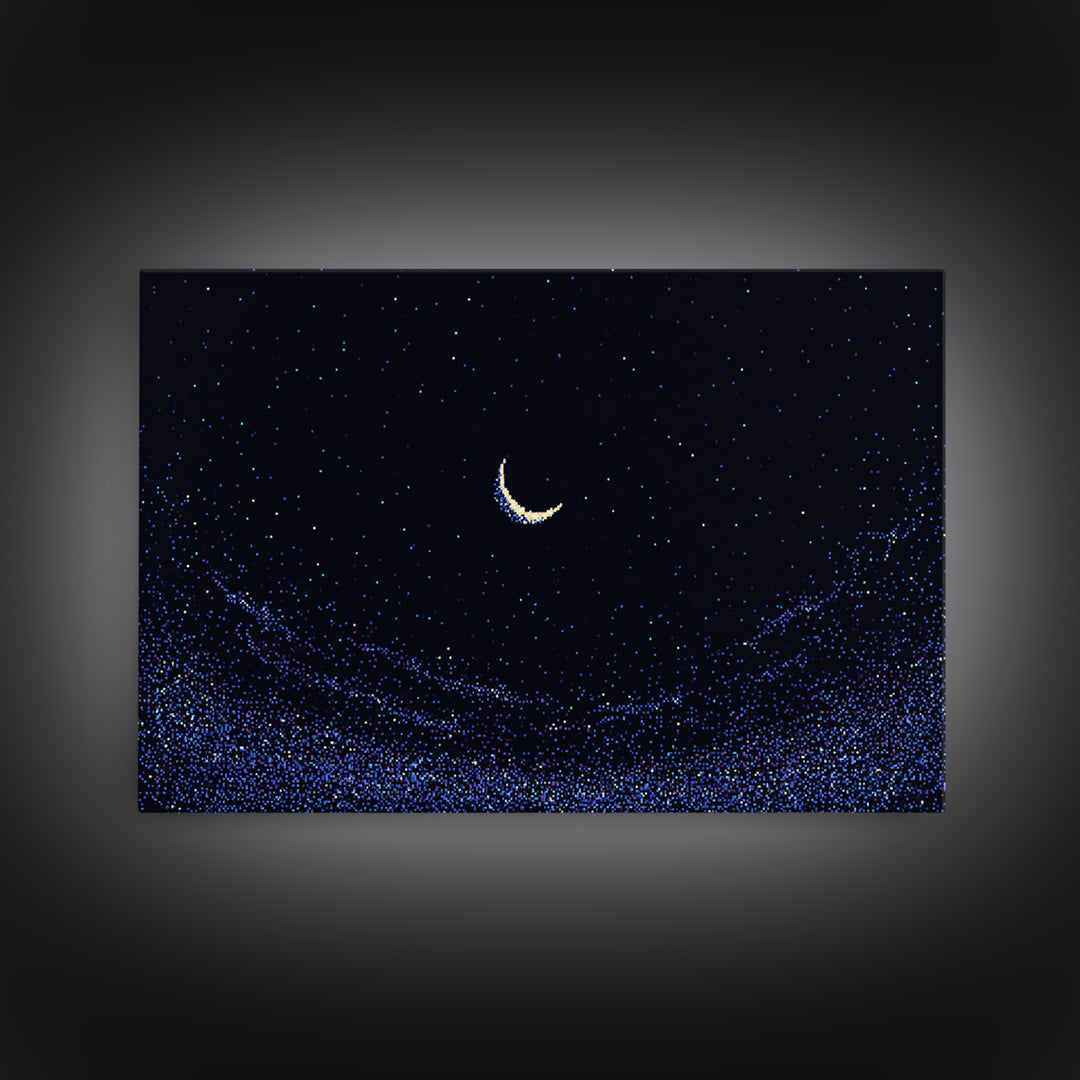Crescent Moon Starry Night Wall Art, Pixel Sky Landscape, Blue Celestial Poster, Retro Modern Decor, Bedroom Print Gift Idea