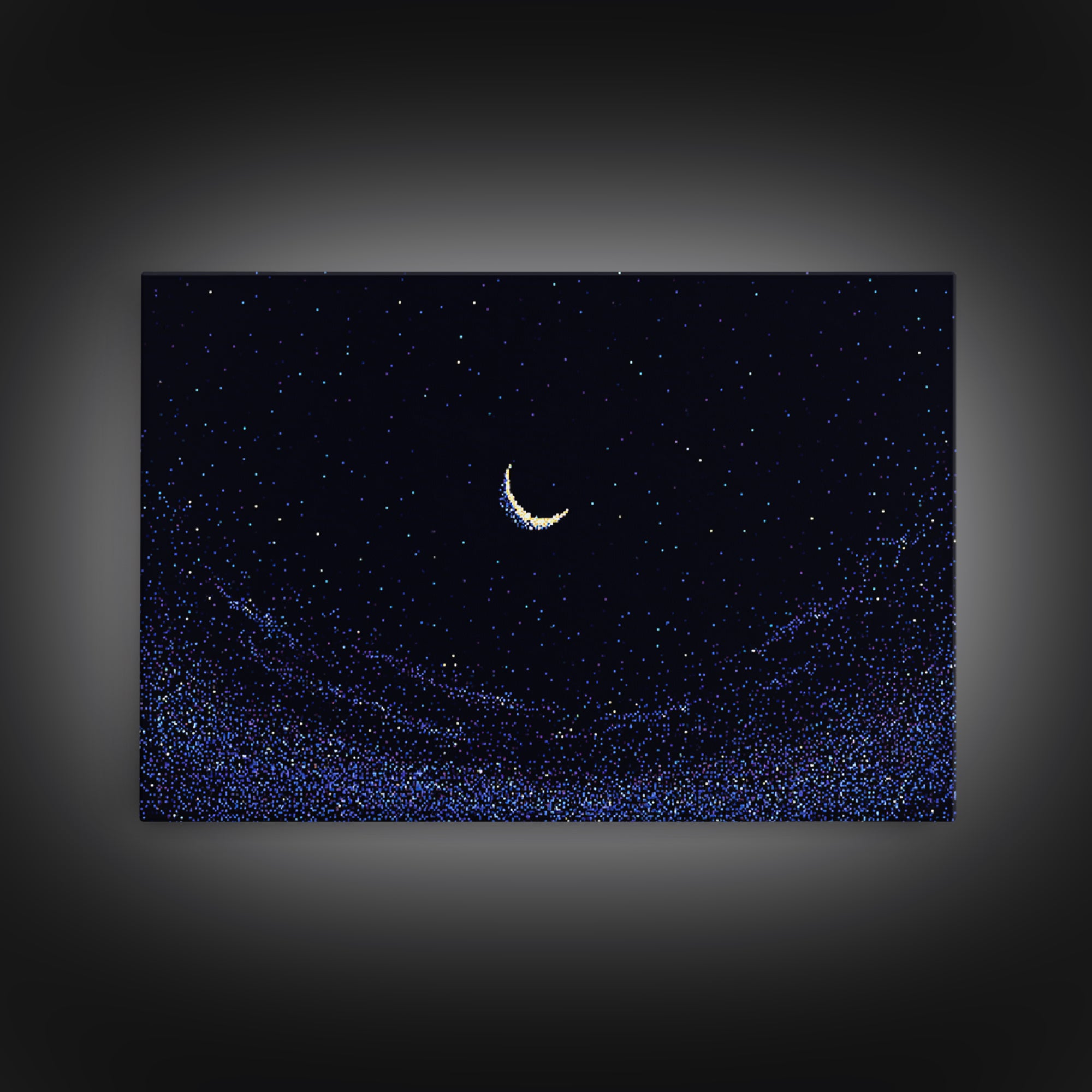 Crescent Moon Starry Night Wall Art, Pixel Sky Landscape, Blue Celestial Poster, Retro Modern Decor, Bedroom Print Gift Idea