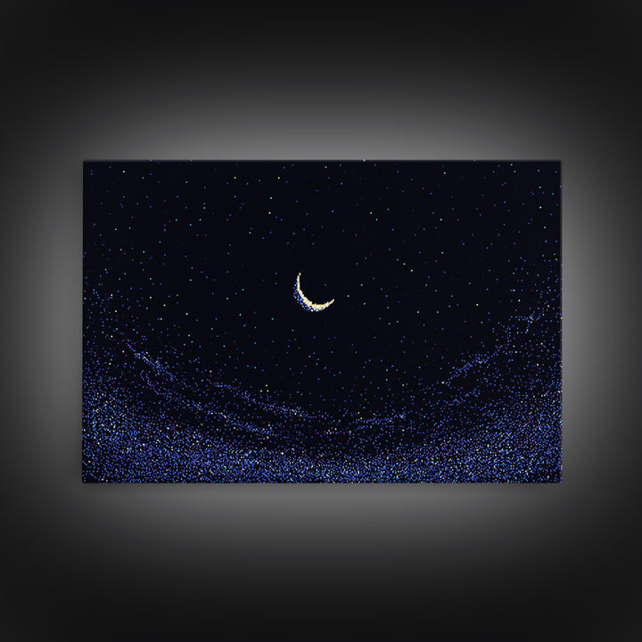 Crescent Moon Starry Night Wall Art, Pixel Sky Landscape, Blue Celestial Poster, Retro Modern Decor, Bedroom Print Gift Idea