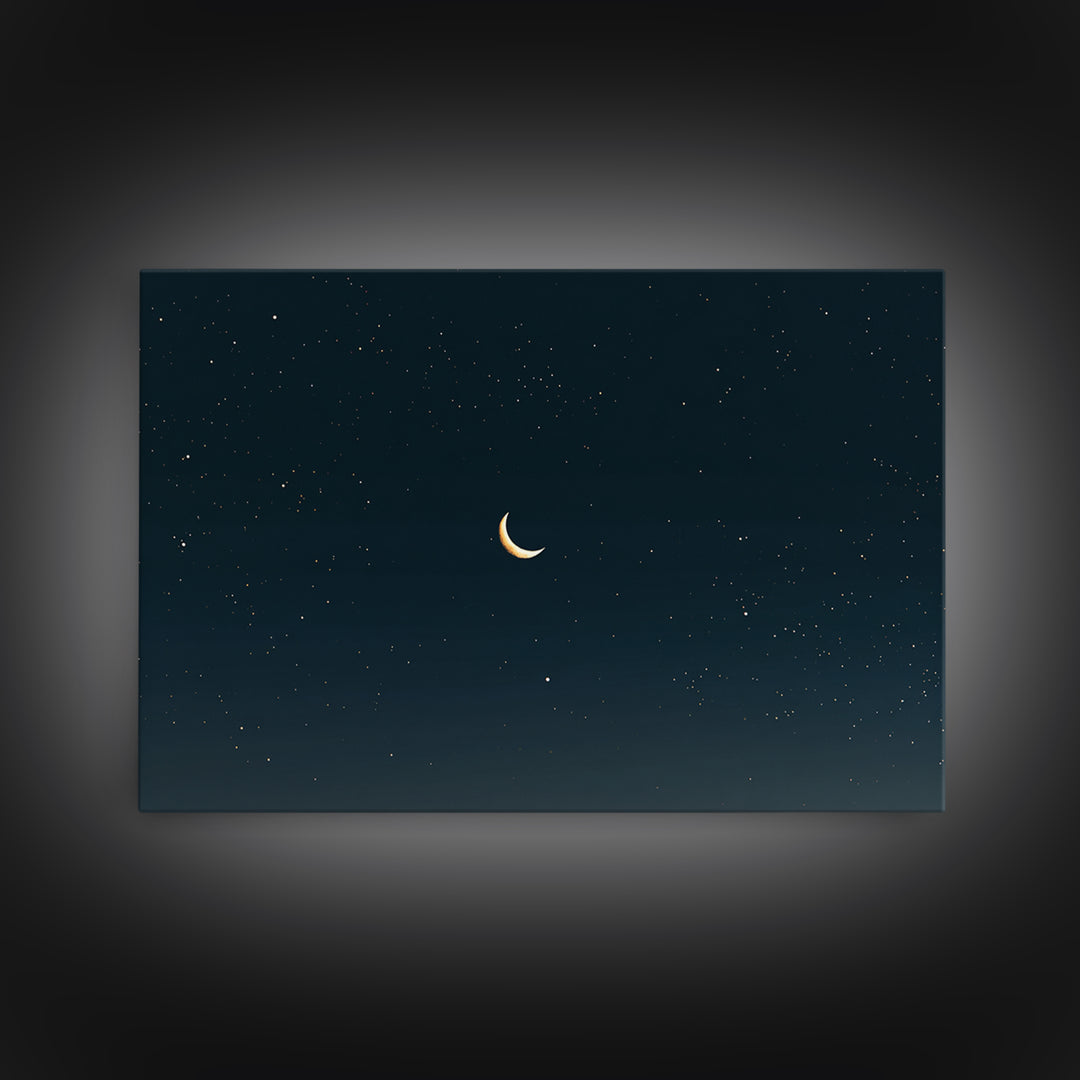 Minimal Crescent Moon Canvas Print, Teal Starry Sky, Celestial Night Landscape, Modern Wall Decor, Bedroom Poster Gift Idea