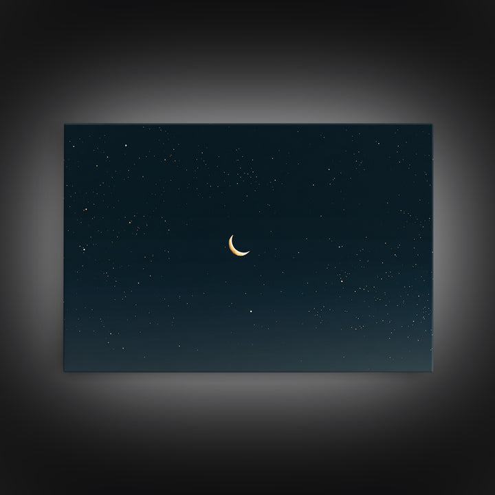Minimal Crescent Moon Canvas Print, Teal Starry Sky, Celestial Night Landscape, Modern Wall Decor, Bedroom Poster Gift Idea
