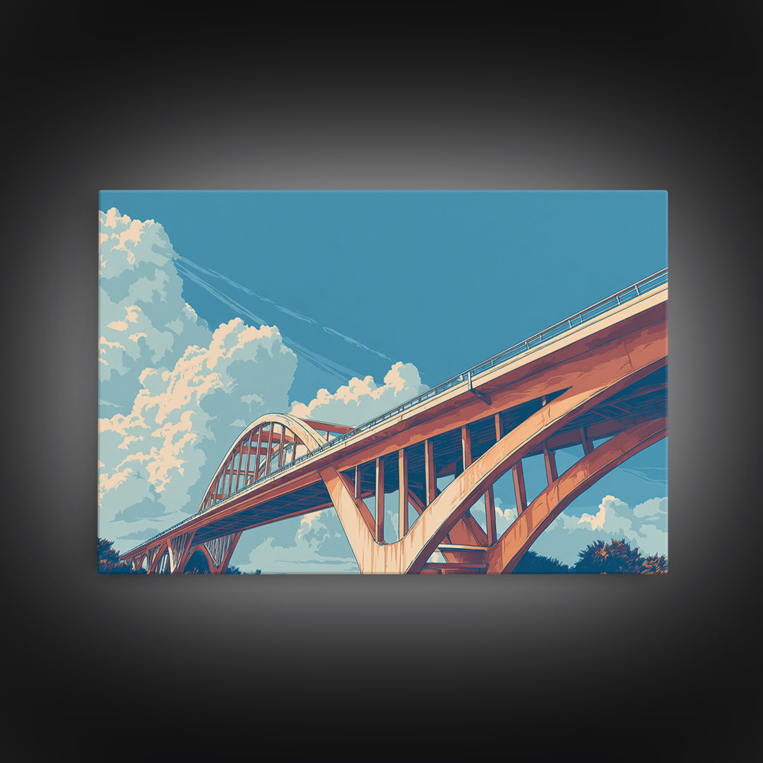Sunlit Arch Bridge Framed Canvas Print, Modern Architecture Wall Art, Blue Sky Cloudscape, Travel Poster, Office Decor Gift Idea