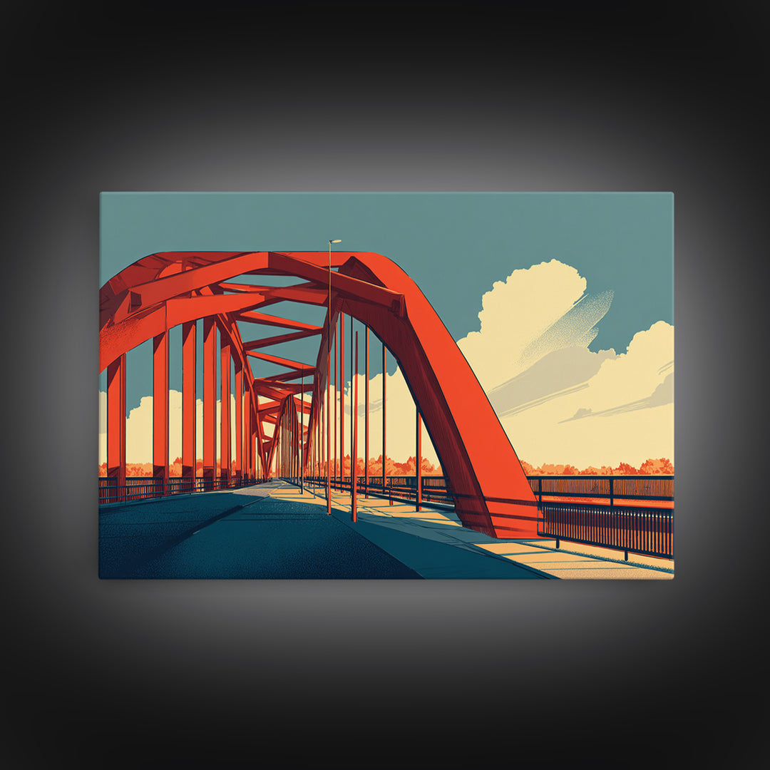 Red Steel Arch Bridge Canvas Print, Sunset Architecture Wall Art, Midcentury Modern Poster, Office Decor, Travel Print Gift