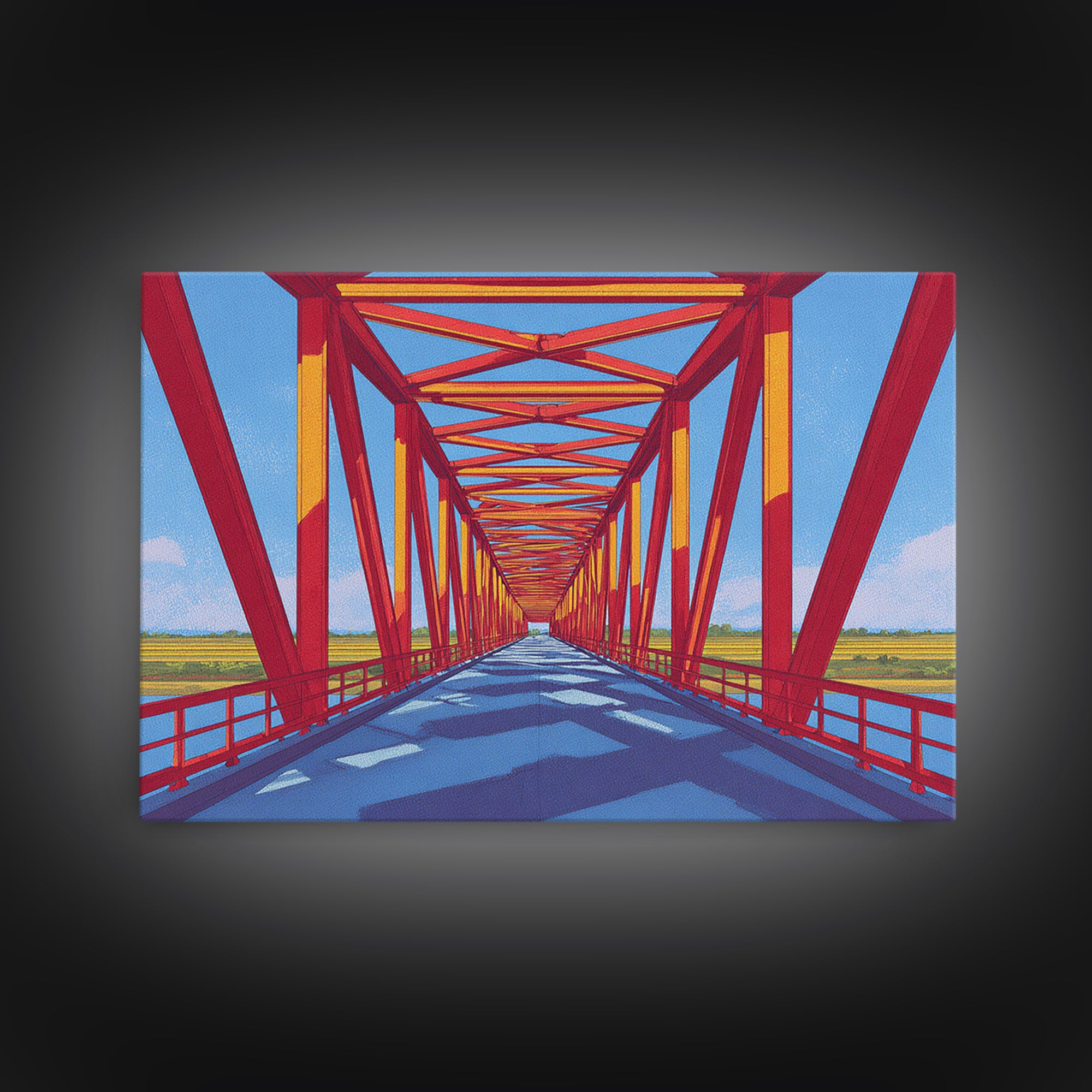 Red Truss Bridge Perspective Wall Art, Geometric Architecture Canvas Print, Bold Modern Decor, Office Poster, Travel Gift