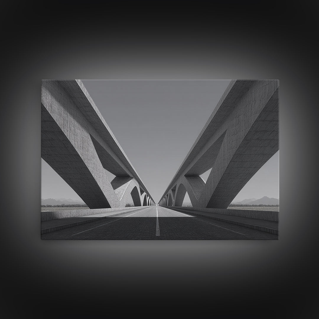 Black And White Concrete Bridge Wall Art, Brutalist Architecture Print, Geometric Perspective, Modern Office Decor Gift Idea