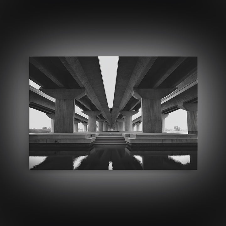 Black And White Overpass Framed Canvas Print, Urban Architecture Wall Art, Minimalist Modern Office Decor, Large Poster Gift