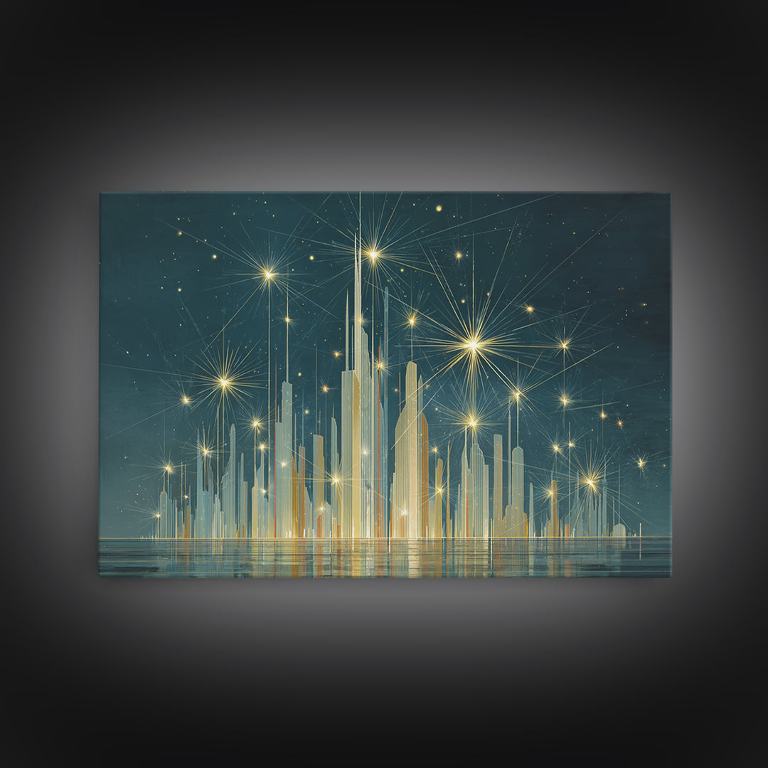 Golden Art Deco Skyline Wall Art, Firework Starburst Cityscape Canvas Print, Teal Modern Decor, Living Room Poster Gift