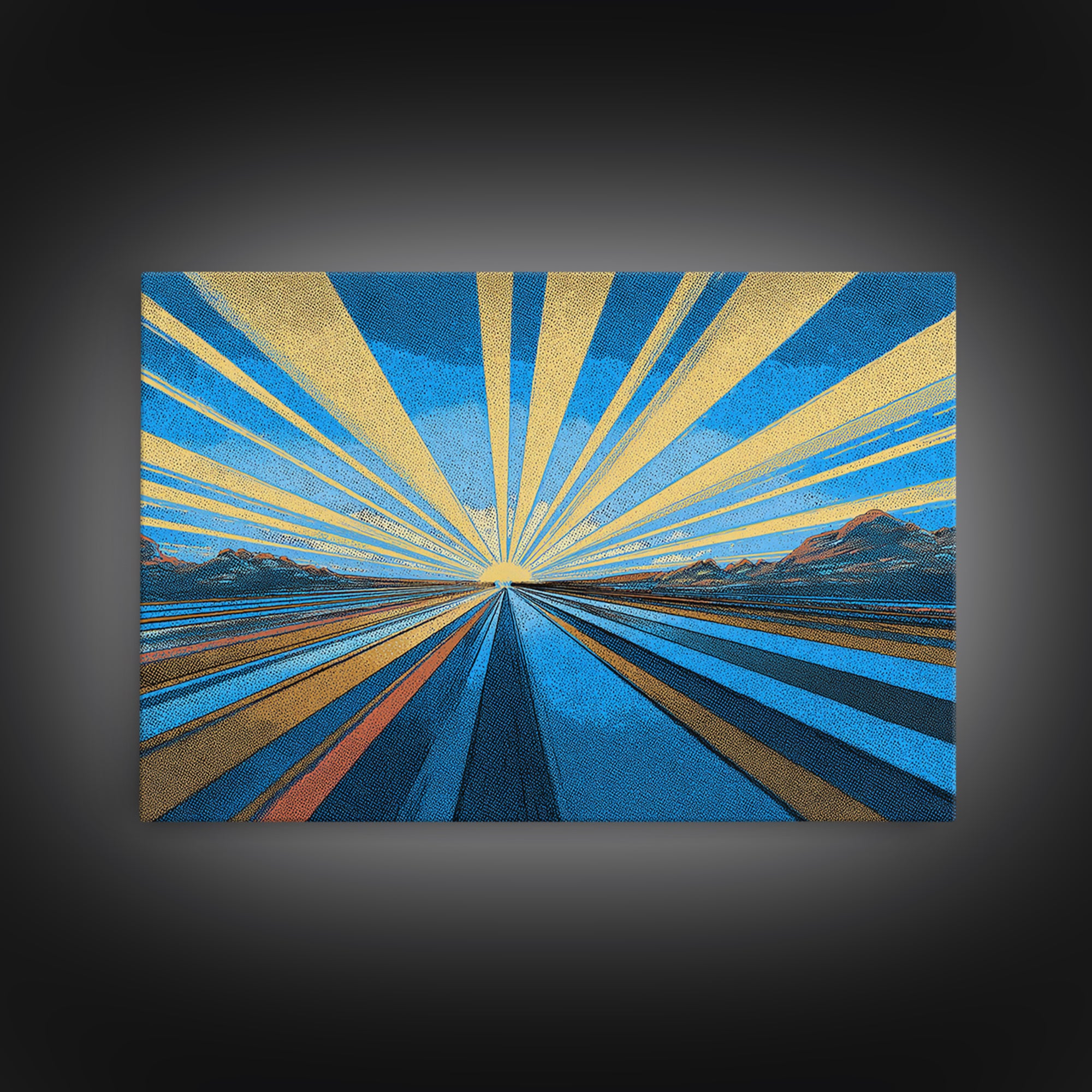 Blue Gold Sunburst Road Wall Art, Midcentury Modern Poster, Geometric Landscape Print, Retro Travel Decor, Office Decor Gift