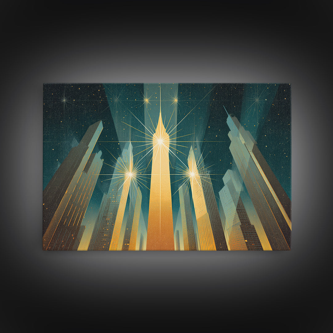 Radiant Art Deco Skyscrapers Canvas Print, Golden Starburst City Wall Art, Modern Retro Poster, Office Decor Gift Idea Print