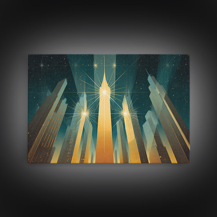 Radiant Art Deco Skyscrapers Canvas Print, Golden Starburst City Wall Art, Modern Retro Poster, Office Decor Gift Idea Print